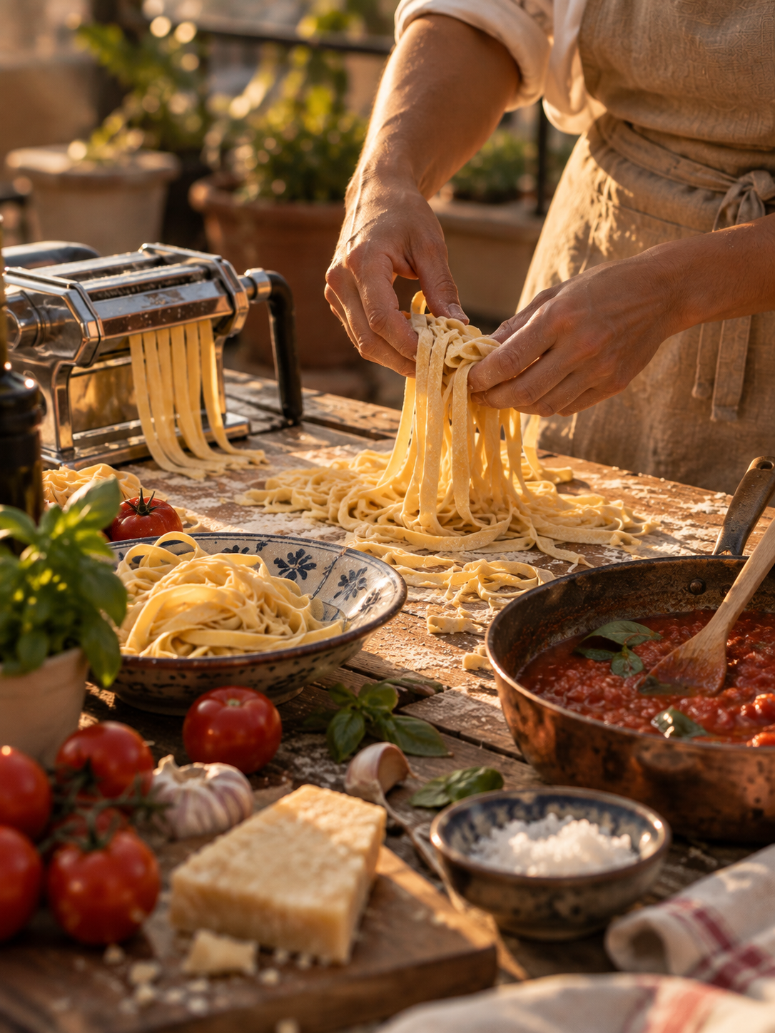 Hands preparing fresh tagliatelle on a floured wooden table at golden hour