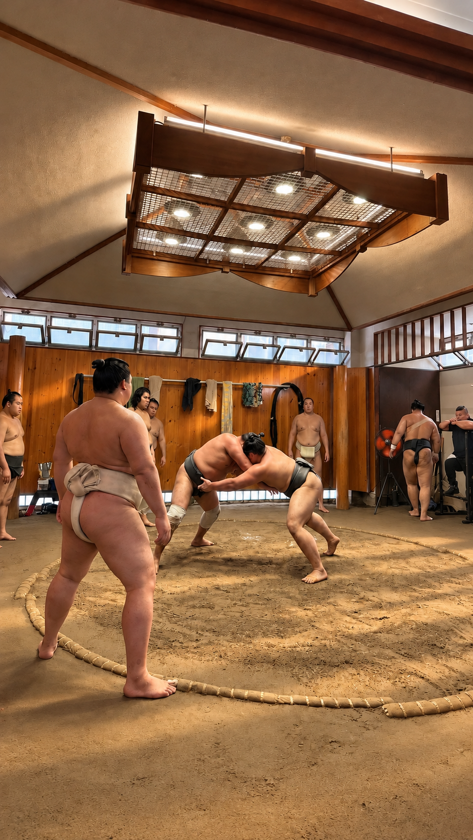 Sumo wrestlers training together in a traditional wooden dojo