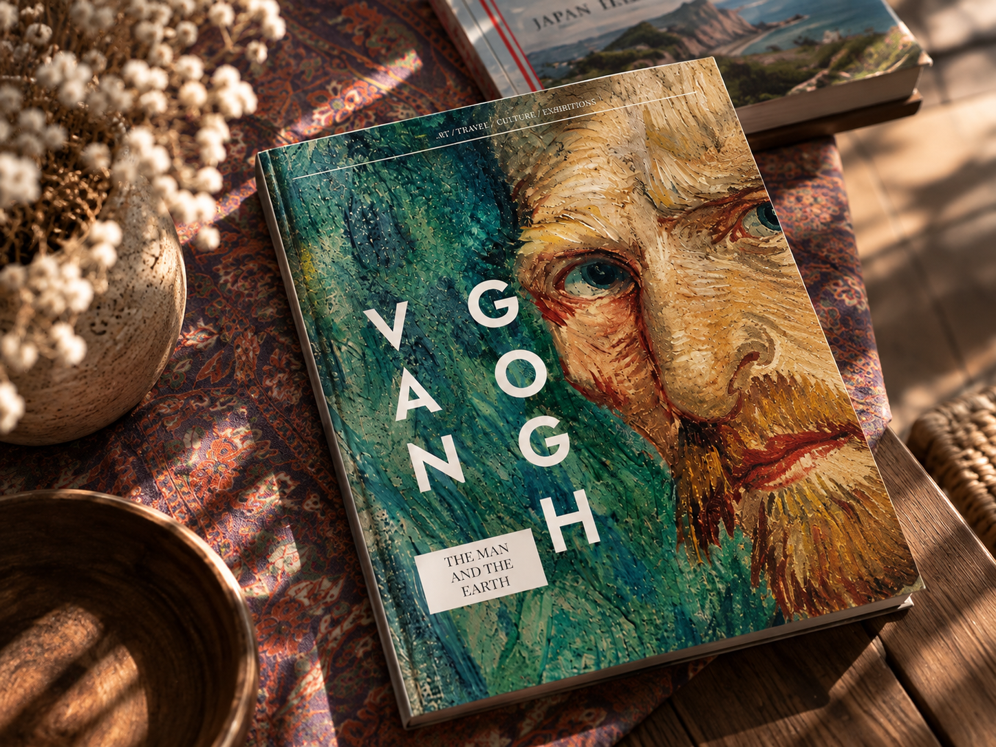 A large art book titled VAN GOGH resting on a patterned tablecloth