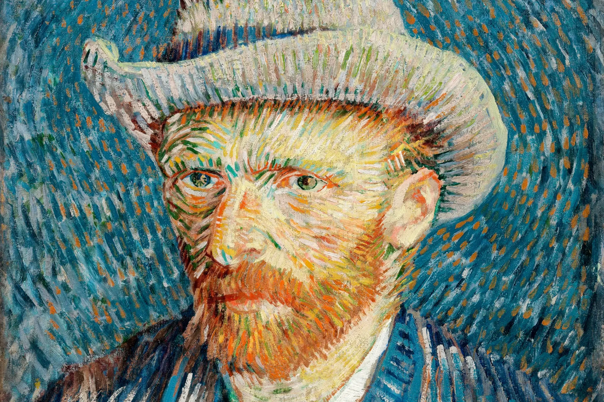 Vincent van Gogh self-portrait in a straw hat against a swirling blue background