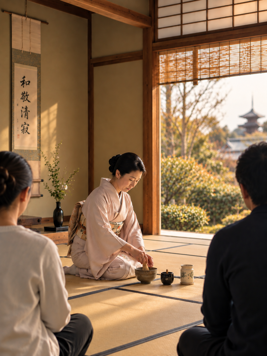 A woman in a pink kimono performing a tea ceremony for guests in a tatami room