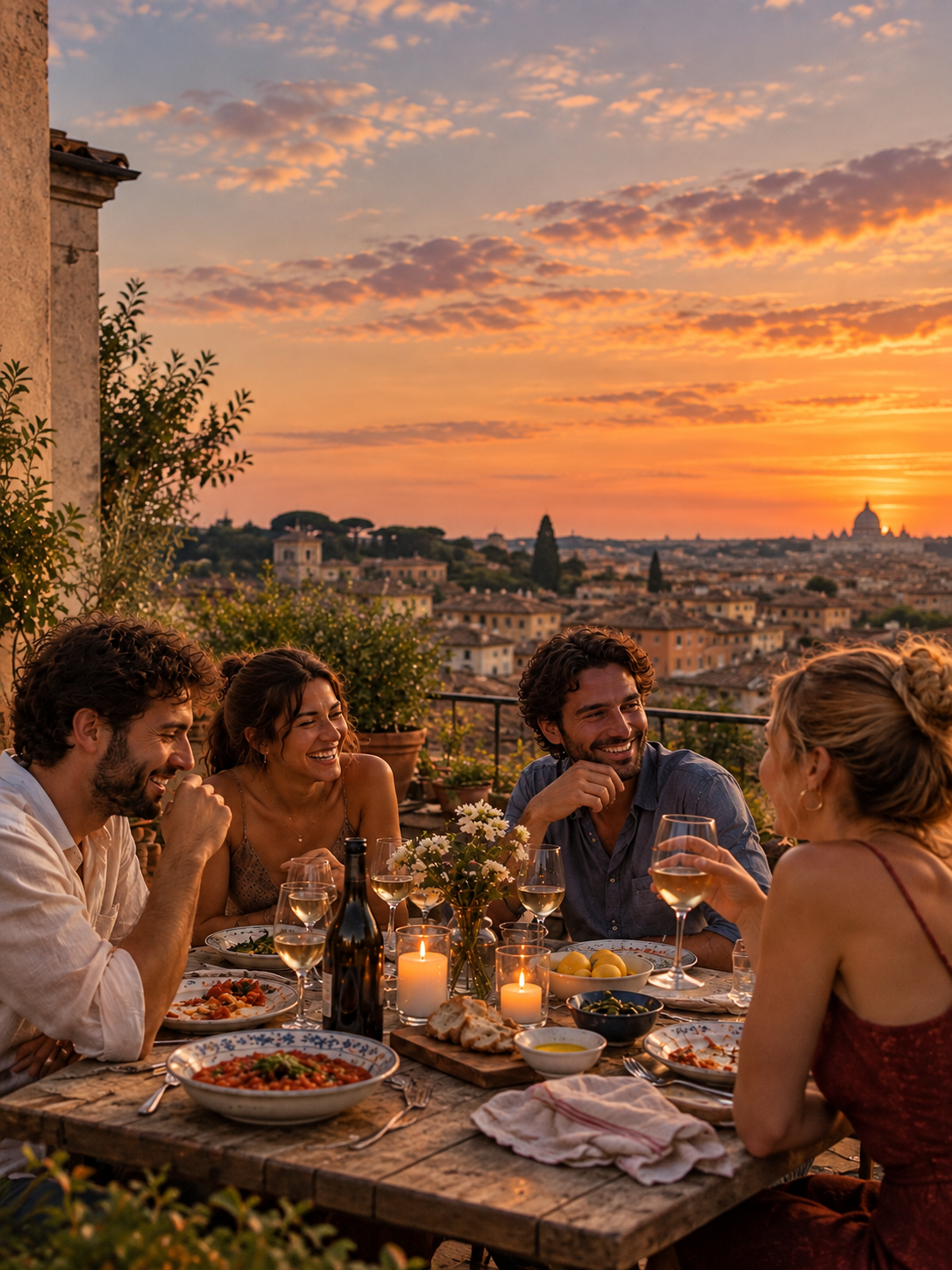 Friends sharing a meal and wine on a Rome rooftop terrace at sunset