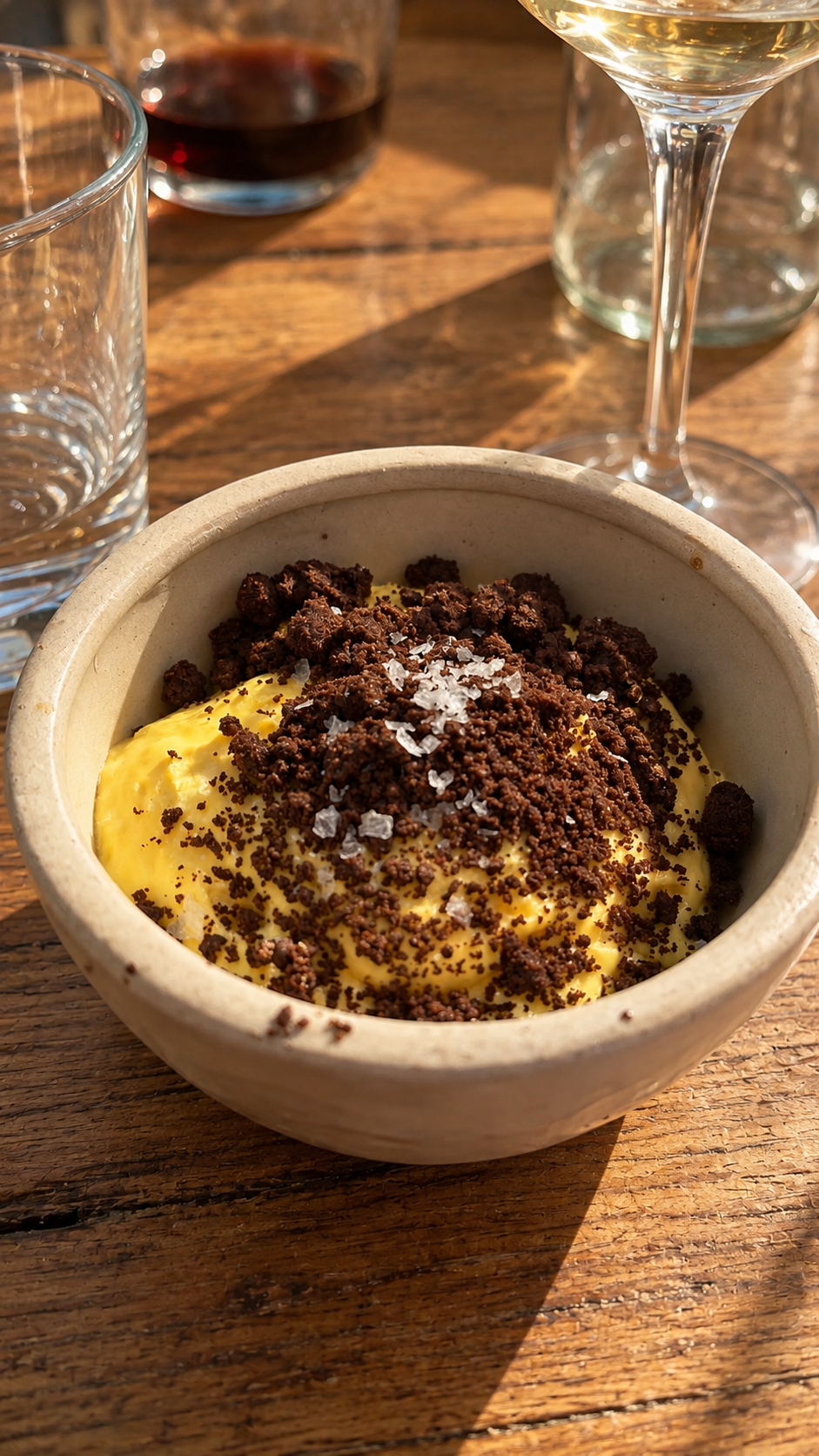 A dessert of custard with chocolate crumbles in a ceramic bowl on a wooden table