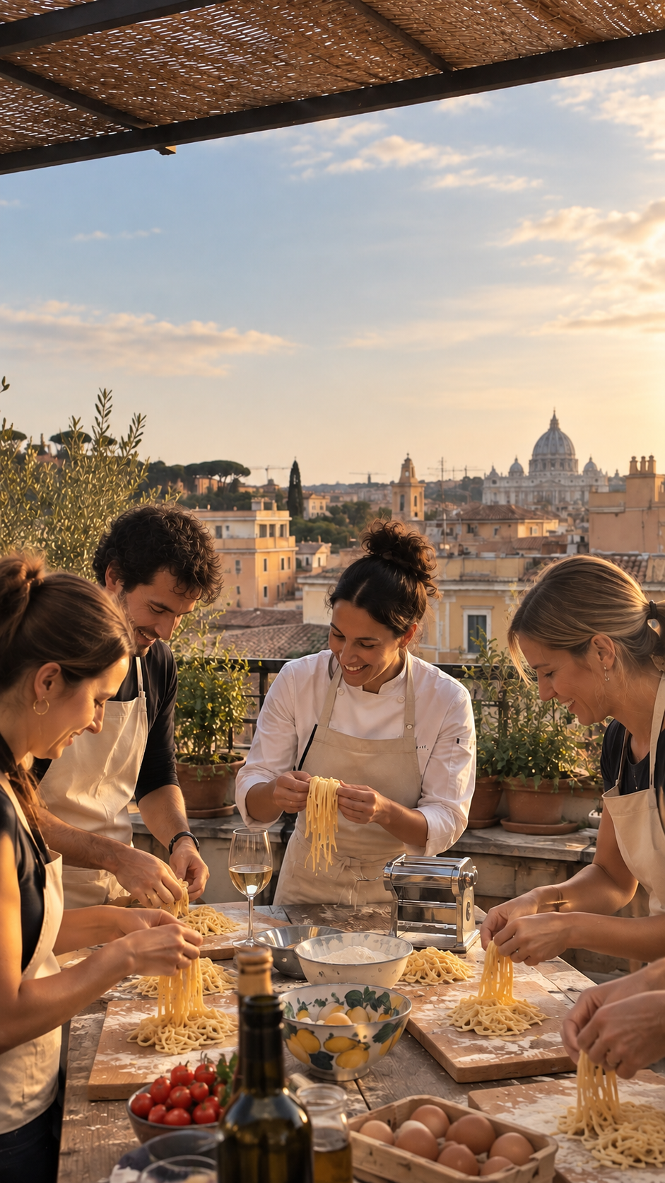 Making fresh pasta on a rooftop in Rome