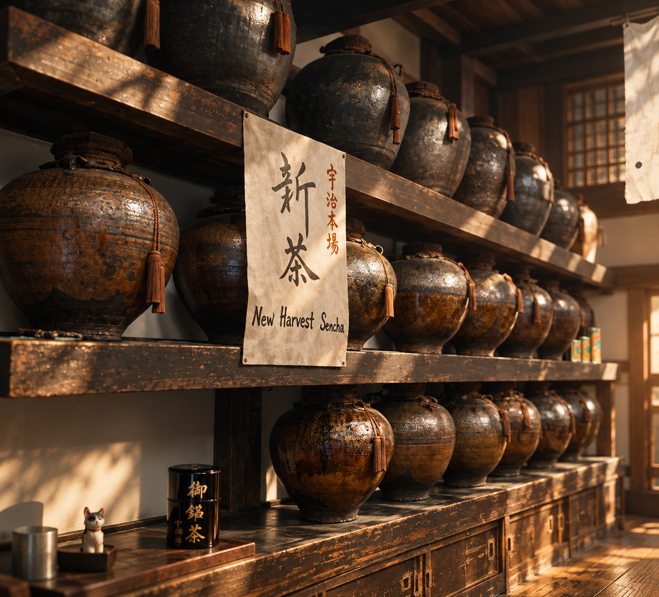 Traditional Japanese tea storage room with rows of ceramic jars on wooden shelves