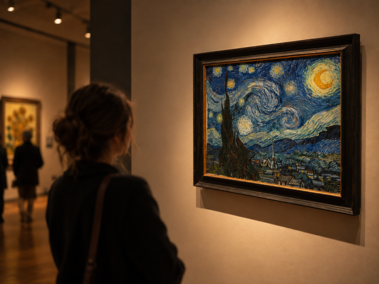 A woman seen from behind gazing at Van Gogh's The Starry Night in a gallery