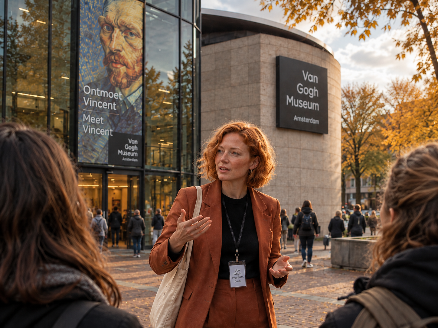 A tour guide with red hair addressing a group outside the Van Gogh Museum in Amsterdam
