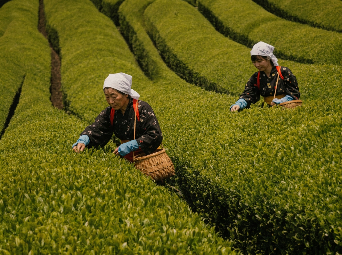 Tea pickers working between the curved rows of a Kyoto tea field