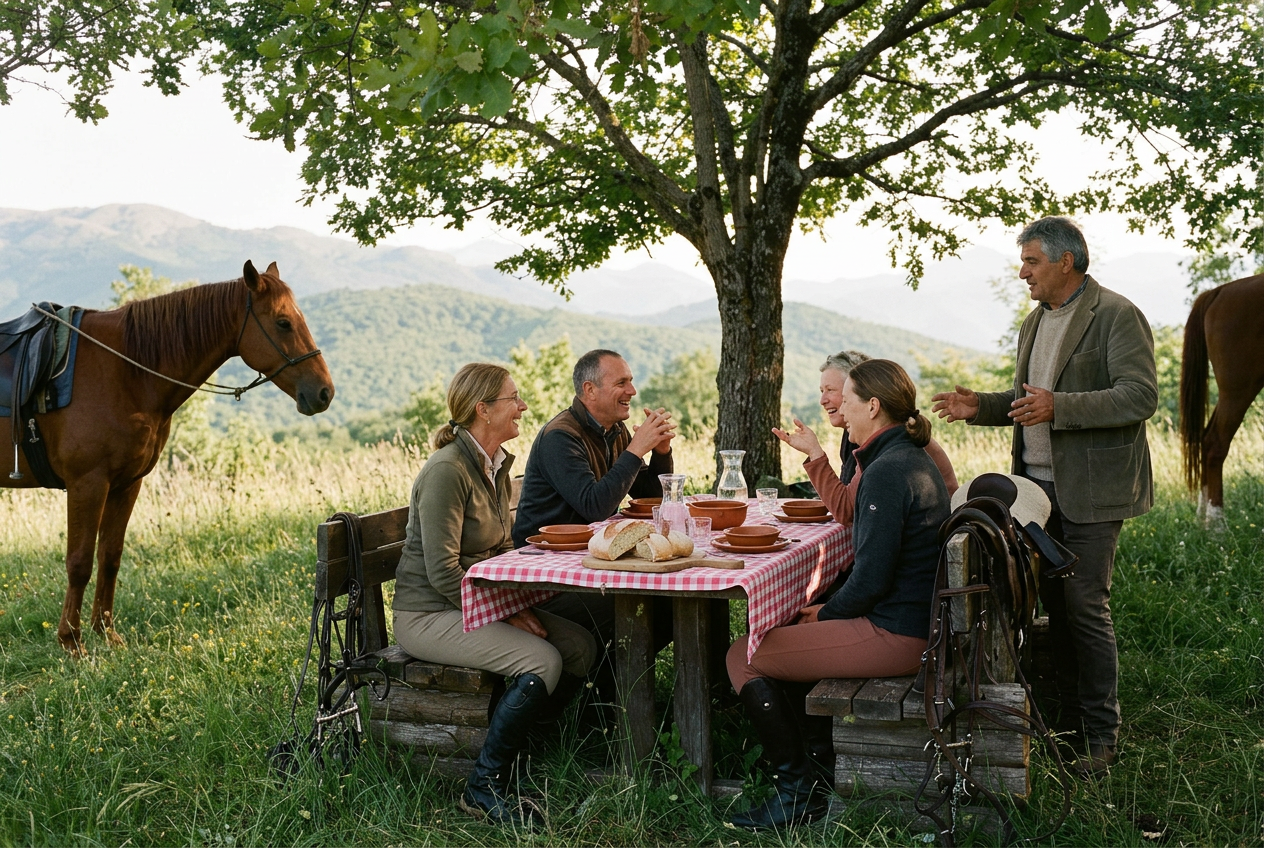 Travellers and their horse guide sharing a simple meal beneath an oak tree in Umbria